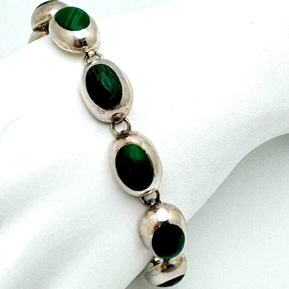 Vtg Mexico 925 Sterling Silver Malachite Bracelet 7.5 Oval Links Toggle Clasp - Picture 2 of 13
